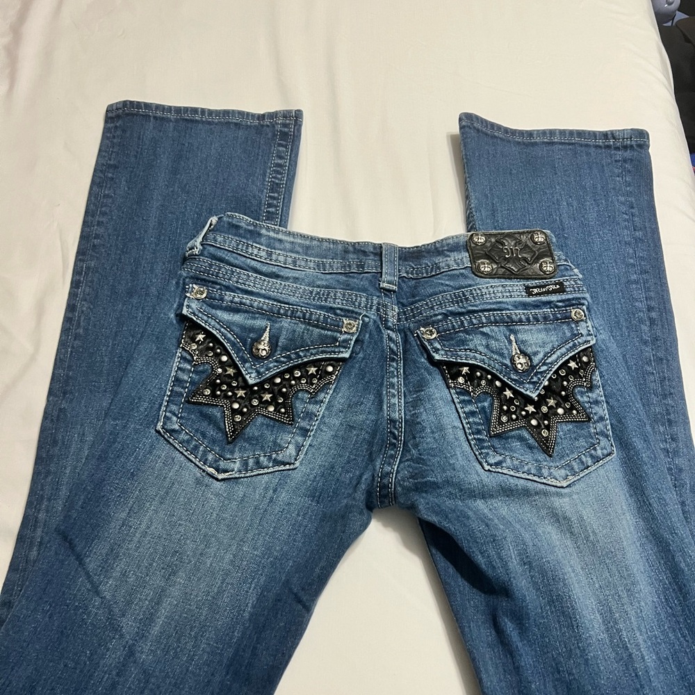 Miss Me Blue Boot Cut Jeans with Black Embellishments